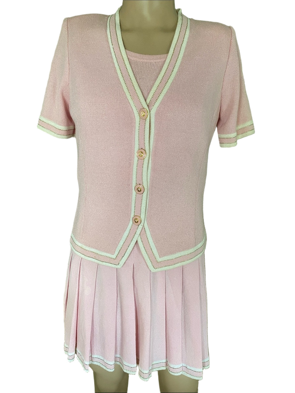St. John Collection Vintage Pink and Cream 3 piece Striped Women's Sweater